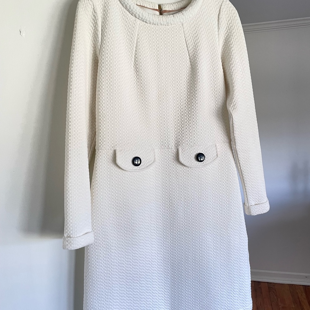 Boden Cream Textured Long-Sleeve Shift Dress